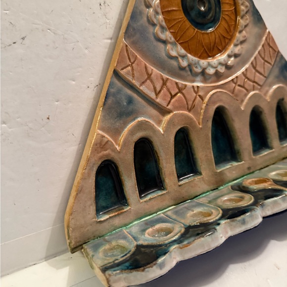 Artistic Ceramic Wall Hanging with Blue and Gold Accent menorah - Picture 2 of 7